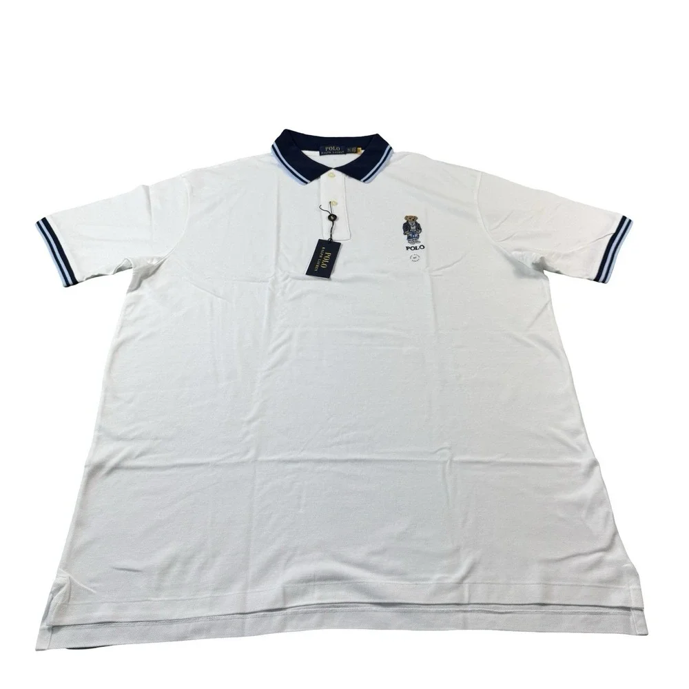 Polo Ralph Lauren White Blue Tipped Polo Bear Mens Polo Shirt Size 2XLT NWT